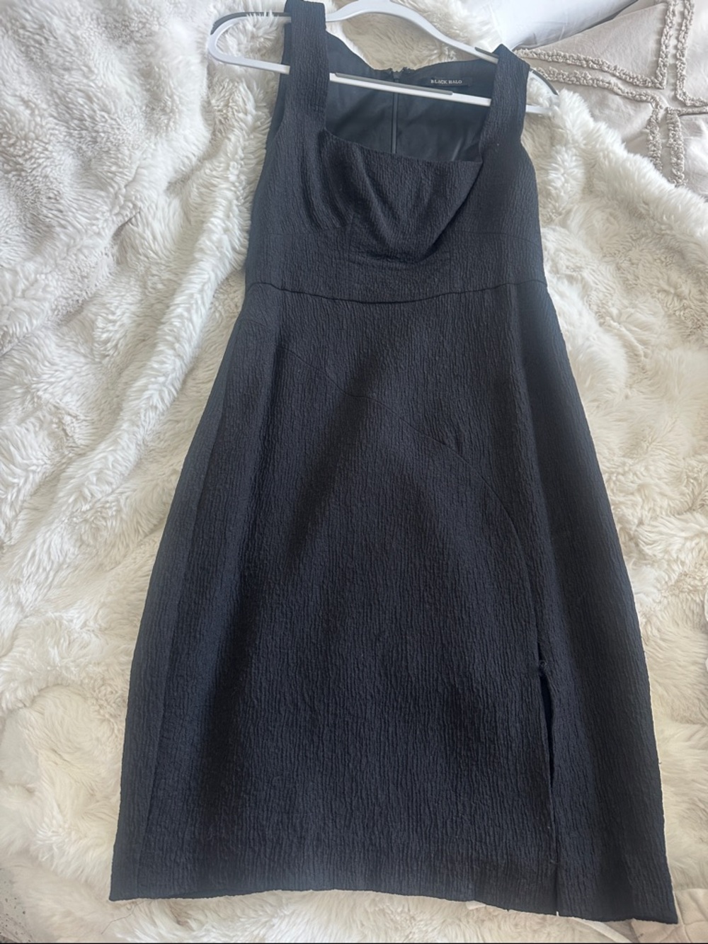Black Halo Black Textured Square-Neck Midi Dress